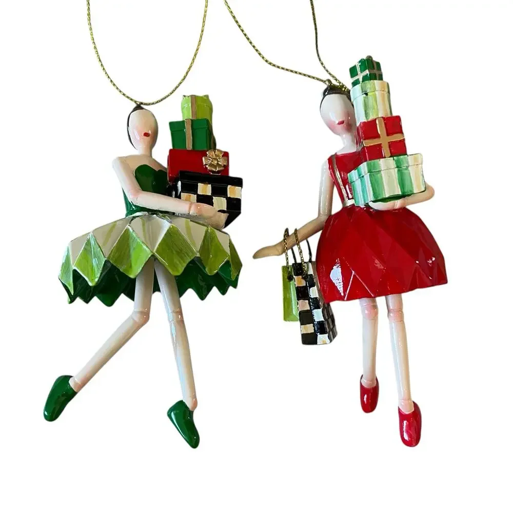 Mackenzie Childs Check It Out Shopper Lady Ornaments, Set of 2